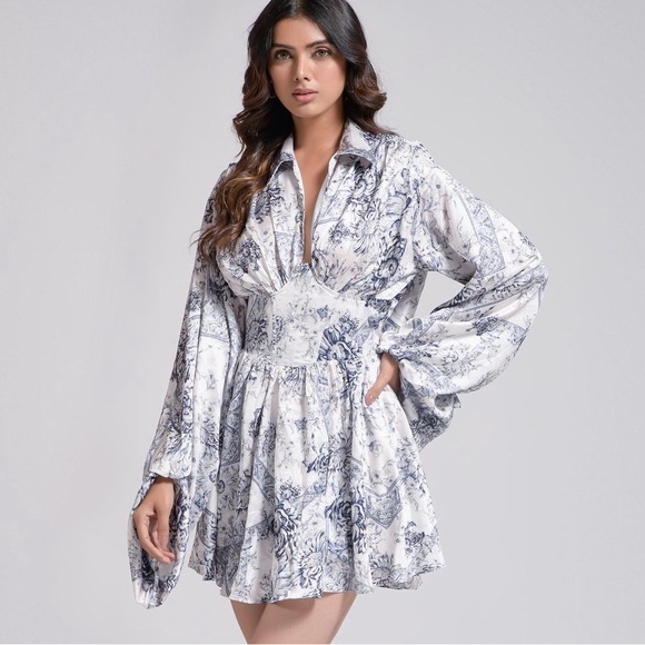 Blue White Floral Satin Dress - Picture 5 of 10